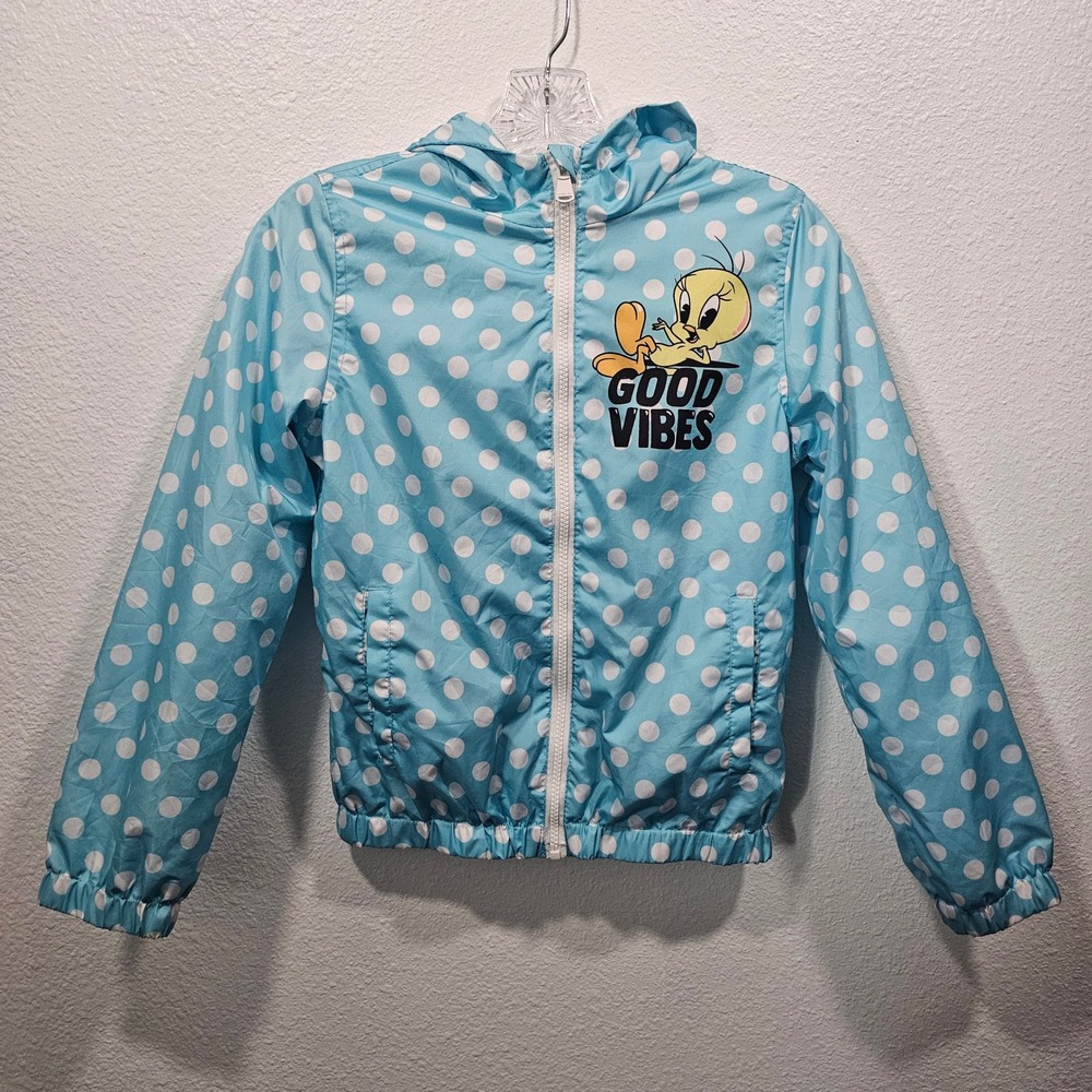 Members Only Looney Tunes Tweety Windbreaker Jacket Blue Polka Dot Kids 10/12